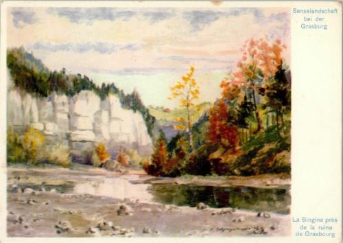 sign Schellhammer - Senselandschaft bei der Grasburg Motiv Schweiz Künstlerkarte
