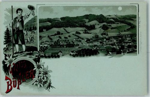 9055 Bühler Lithographie / Mondschein Edelweiss Kuhhirte Kühe