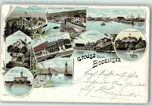 9400 Rorschach 1899 Gebrauchsspuren Lithographie Pfänder Hotel Bahnhof Hafen Sitenraddampfer Konstanz Bahnhof Friedrichshafen Meersburg Schloss Mainau Schloss Monfort Hafeneinfahrt in Lindau St. Gebhardskapelle