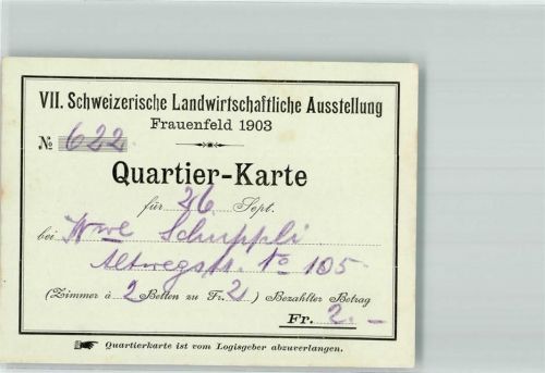 8500 Frauenfeld 1903 KEINE AK Quartierkarte Schw. Landwirtschaftliche Ausstellung