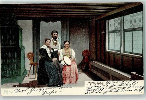 8640 Rapperswil SG 1903 - Rütlistube Mann 2 Frauen Tracht Ort lt. Stempel