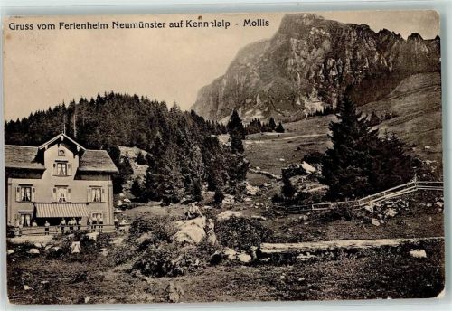 8753 Mollis 1920 Gebrauchsspuren Gruss vom Ferienheim Neumünster auf Kennelalp
