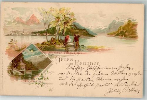 6440 Brunnen Lithographie Kirche Tellskapelle