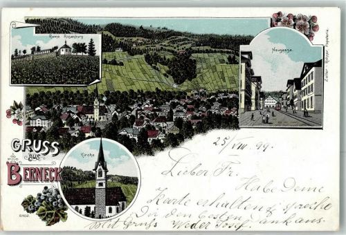 9442 Berneck 1899 Lithographie Ruine Rosenburg Neugasse Kirche
