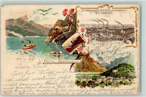 3800 Interlaken 1899 Lithographie Hoffmann´s Stärkefabriken Salzuflen Schornstein Rauch Brienzersee Ruderboot Dampfer
