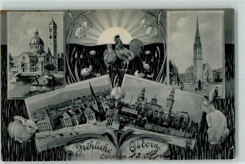 8000 Zürich 1905 Künstlerkarte Tonhalle Schneeglöckchen Hasen Hahn und Henne Ostergrüße