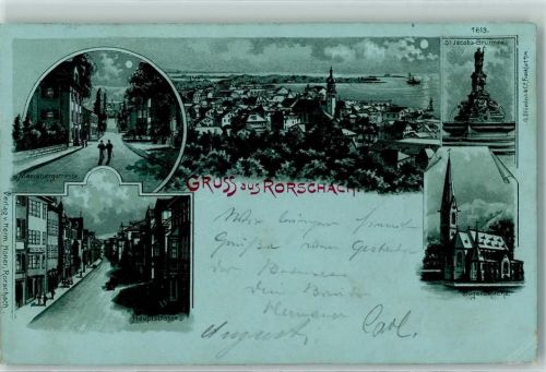 9400 Rorschach 1898 Gebrauchsspuren Mariabergstrasse Hauptstrasse St. Jacobs-Brunnen Jugendkirche Lithographie Mondschein