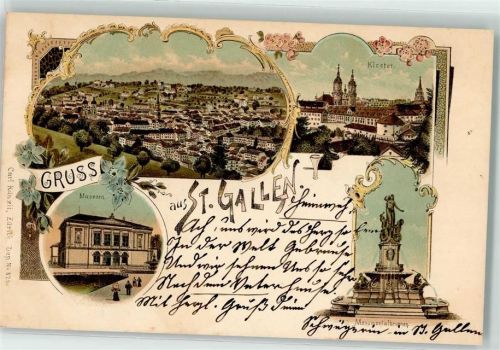9000 St. Gallen S. Gallo Lithographie Kloster Monumentalbrunnen Museum