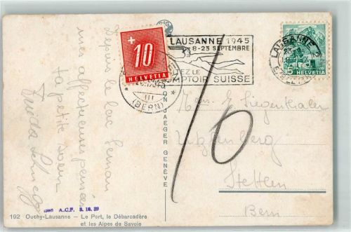 Lausanne Losanna Nachporto 10 Rappen Werbestempel Comptoir Suisse 1945 Phila Schweiz
