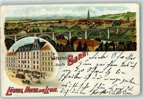 3000 Bern Berne 1899 Lithographie Löwen Hotel du Lion Strassenbahn Brücke