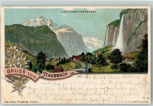 3822 Lauterbrunnen 1898 Lithographie Staubbach Lauterbrunnenthal Edelweiss