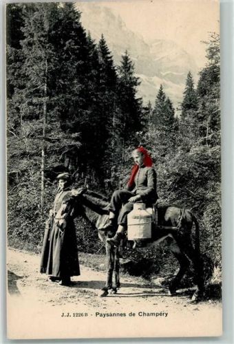 1874 Champéry Gebrauchsspuren 2 junge Walliserfrauen mit Milchkanne auf Pferd