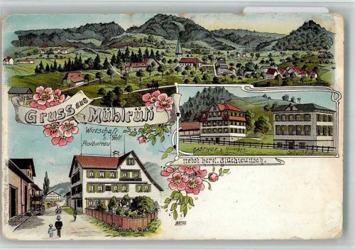 9613 Mühlrüti 1904 BOAKC Gasthuas zum Hirschen Postamt Gasthaus z. Tell Lithographie