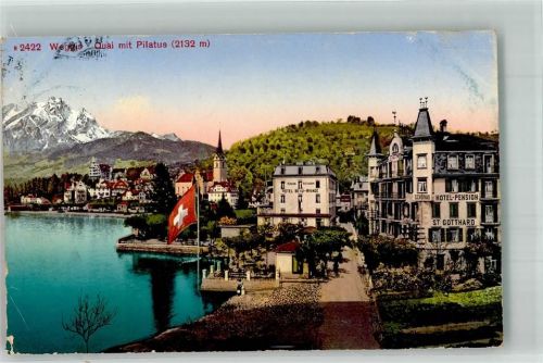 6353 Weggis 1913 Foto AK Hotel Pension St. Gotthard Quai mit Pilatus