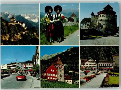 9490 Vaduz Foto AK Schloss Tracht Frauen Burg Straße Auto Cabrio Blumen