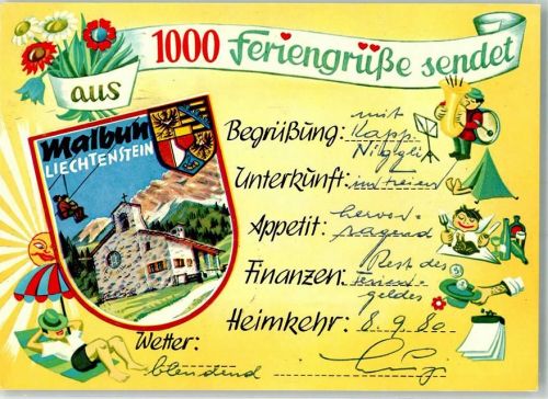 9497 Malbun 1980 - Kirche Seilbahn 1000 Feriengrüße sendet