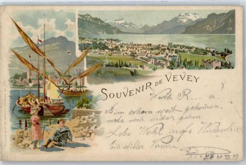 1800 Vevey - Künsterlerkarte, Gesamtansicht, Schiffe