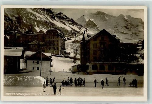 3823 Wengen Foto AK Eisrink Jungfrau Eisbahn Schlittschuh Eislaufen Winter Schnee