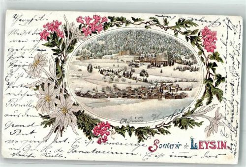 1854 Leysin Winterlithographie mit Glimmerauflage