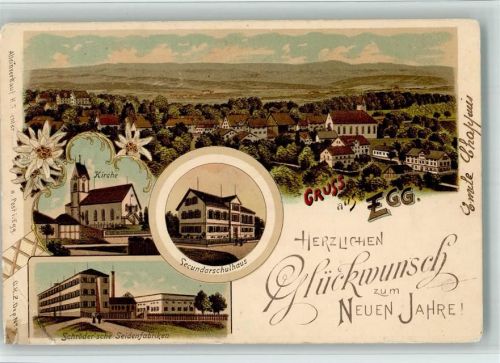 8132 Egg bei Zürich 1908 BOAKC Lithographie Secundarschulhaus Schröder'sche Seifenfabriken Kirche Verlag Künzli Nr 1 Glückwunsch Neujahr Gebrauchsspuren, bitte Scan genau beachten!