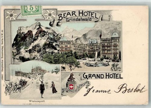 3818 Grindelwald 1906 Lithographie / Künstlerkarte sign Muhl K. Bear Hotel Grand Hotel Pferdeschlitten Winter