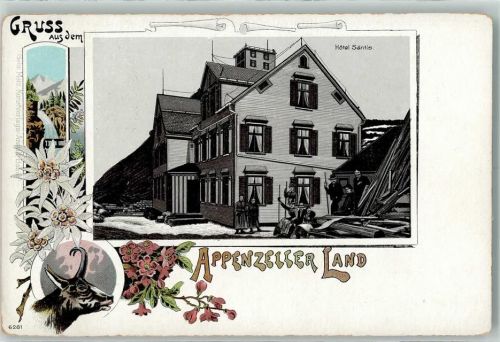 Säntis Lithographie Hotel Säntis Wasserfall Edelweiss Gämse