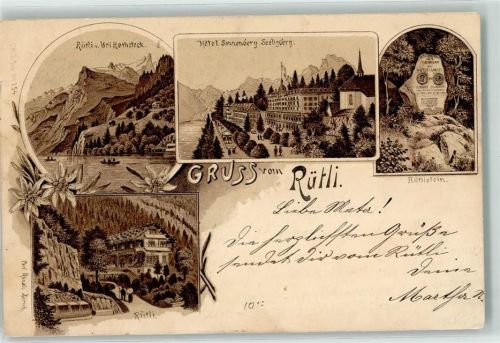 6441 Rütli 1897 Lithographie Uri Rothstock Hotel Sonnenberg Seelisberg Rütlistein Carl Künzli Zürich Dep. Nr. 254