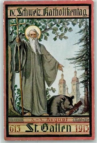 9000 St. Gallen S. Gallo Künstlerkarte IV. Schweiz. Katholikentag 1913 Bär sign J. Waldmüller