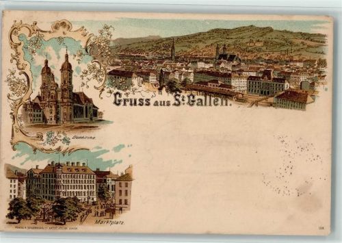 9000 St. Gallen S. Gallo 1897 Lithographie Domkirche Marktplatz