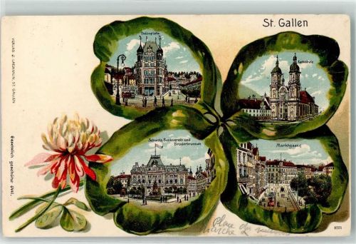 9000 St. Gallen S. Gallo 1912 Prägedruck Unionplatz Kathedrale Marktgasse Schweizer Bankverein u. Broderbrunnen Lithographie