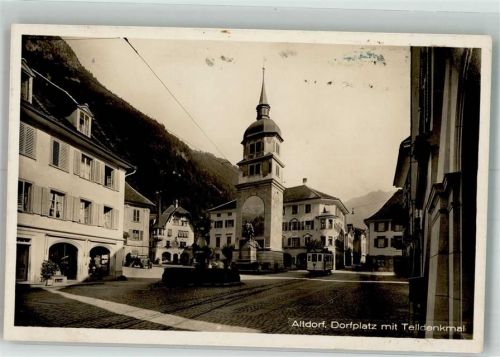 6460 Altdorf UR 1927 Foto AK Tell- Denkmal Straßenbahn Dorfplatz