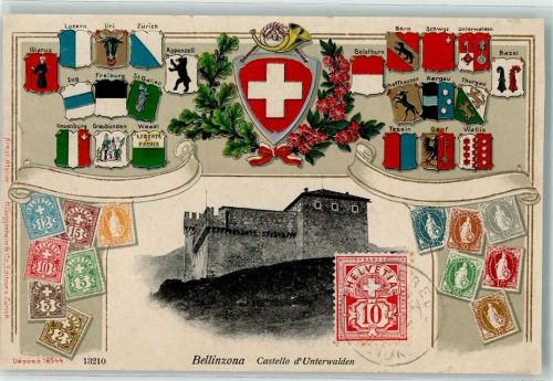 6500 Bellinzona 1907 Prägedruck Castello d`Unterwalden Wappen Horn Briefmarkencollage Lithographie