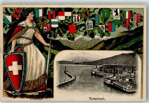 9400 Rorschach 1912 Prägedruck Wappen Helvetia Hafen Schiffe Lithographie