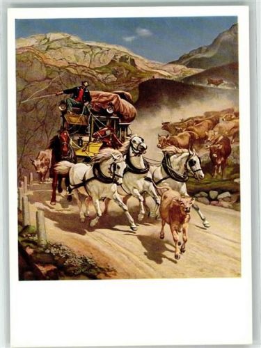 St Gotthard Postkutsche Gotthardpost Künstler R. Koller Kuh Postkutsche Schweiz Künstlerkarte