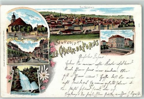 2300 La Chaux-de-Fonds 1900 Gebrauchsspuren Temple Nationale Rue Léopold-Robert Saut du Houbs École d'Horlogerie Lithographie