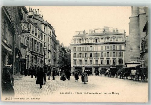 1000 Lausanne Losanna Lithographie Place St.Francois Rue de Bourg Kutschen
