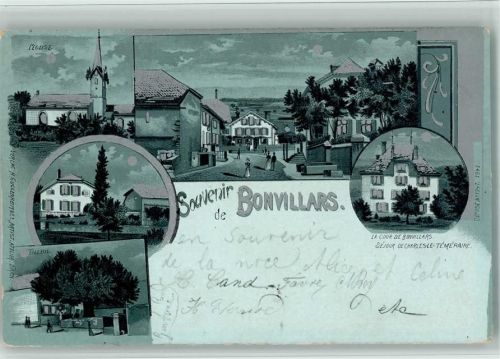1427 Bonvillars 1903 BOAKC Lithographie/Mondschein Kirche Eglise Tilleul La Cour de Bonvillars sejour de Charles-Le-Temeraire Gebrauchsspuren, bitte Scan genau beachten!