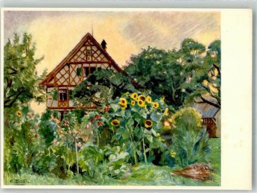 sign. Bernet-Studer, Elly Landschaft mit Sonnenblumen Pro Infirmis Schweiz Künstlerkarte