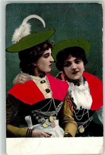 Frauen mit echter Stoff Applikation AK Tracht Schweiz 1907 Prägedruck
