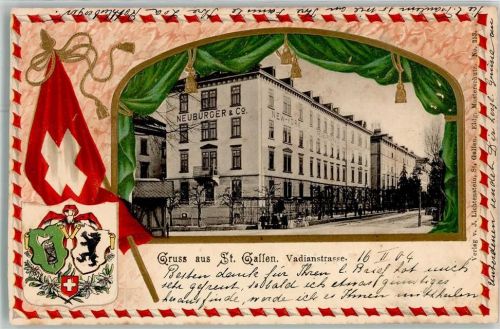 9000 St. Gallen S. Gallo Prägedruck Vadianstrasse Neuburger & C o. Wappen Lithographie
