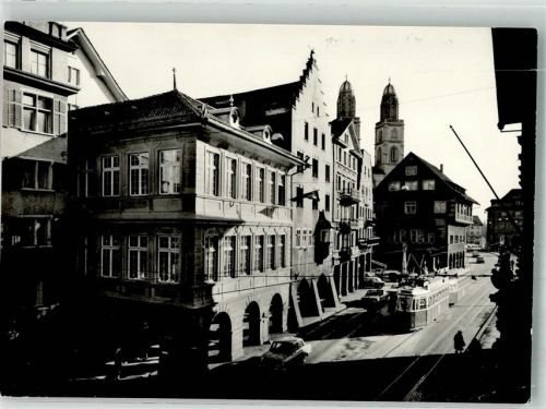 8000 Zürich Foto AK Hotel Gasthaus Zunfthaus zur Safran Straßenbahn Auto