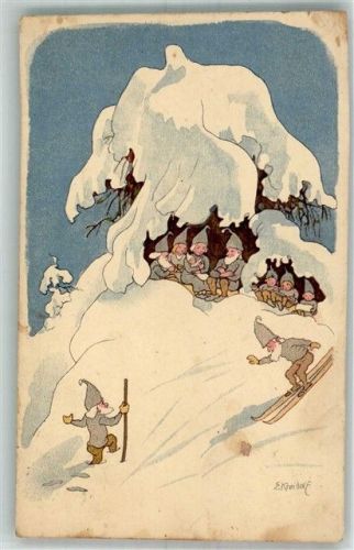 Hiver Zwerge beim Skilauf sign. Kreidolf Pro Juventute Schweiz 1919