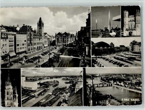 4000 Basel Bâle - Rheinhafen mit Schuten Binnenschiffe, versch. Abbildungen von der Stadt ca 1960 AK