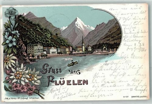 6454 Flüelen 1897 Lithographie Raddampfer Edelweiß Enzian Verlag Schlumpf Nr 81