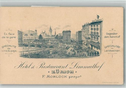 8000 Zürich 1901 BOAKC Lithographie Hotel Gasthaus Limmathof Pferdestraßenbahn
