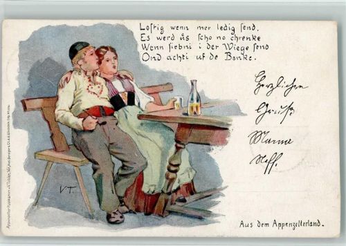 9050 Appenzell 1900 Künstlerkarte Mann und Frau sitzen auf einer Bank sign. V.T. Tobler