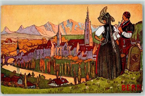 3000 Bern Berne Künstlerkarte sign Ad. Fiscke Trachtenpaar Pfeife Werbung Hotel de France & Terminus A. Eleury