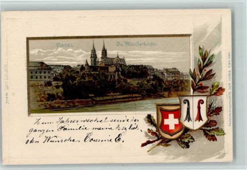 4000 Basel Bâle 1900 Passepartout Prägedruck Münsterkirche Wappen Lithographie