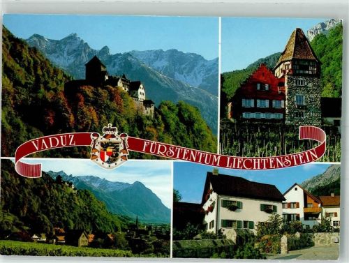 9490 Vaduz 1987 Foto AK Schloss Wappen Rotes Haus Dorfpartie