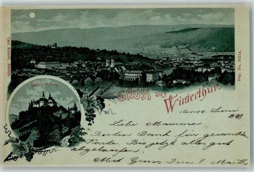 8400 Winterthur 1898 Lithographie / Mondschein Schloss Kyburg Carl Künzli Zürich Dep. Nr, 3051a